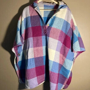 Vintage wool cape poncho  pink blue purple plaid